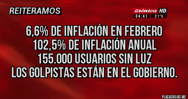 Placas Rojas - 6,6% de inflación en febrero 
102,5% de inflación anual
155.000 usuarios sin luz
Los golpistas están en el gobierno.  