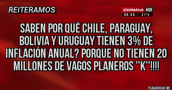 Placas Rojas - SABEN POR QUÉ CHILE, PARAGUAY, BOLIVIA Y URUGUAY TIENEN 3% DE INFLACIÓN ANUAL? PORQUE NO TIENEN 20 MILLONES DE VAGOS PLANEROS ''K''!!!!