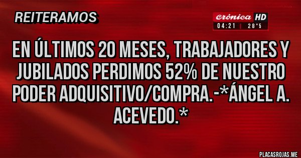 Placas Rojas - En últimos 20 meses, Trabajadores y Jubilados PERDIMOS 52% DE NUESTRO PODER ADQUISITIVO/COMPRA.-*Ángel A. Acevedo.*