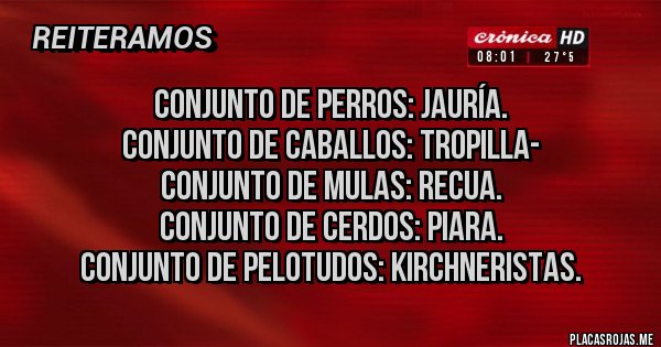 Placas Rojas - Conjunto de perros: jauría.
Conjunto de caballos: tropilla-
Conjunto de mulas: recua.
Conjunto de cerdos: piara.
Conjunto de pelotudos: kirchneristas.