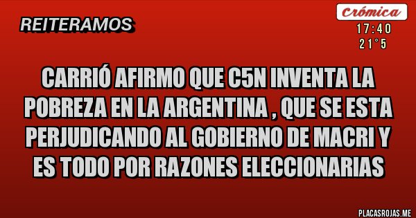 Placas Rojas - Carrió afirmo que C5N inventa la pobreza en la argentina , que se esta perjudicando al gobierno de Macri y es todo por razones eleccionarias