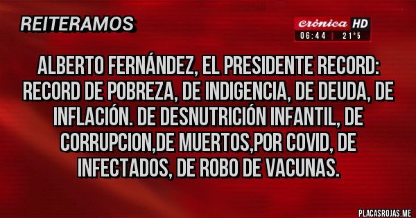 Placas Rojas - Alberto Fernández, el presidente record: record de pobreza, de indigencia, de deuda, de inflación. De desnutrición infantil, de corrupcion,de muertos,por COVID, de infectados, de robo de vacunas.