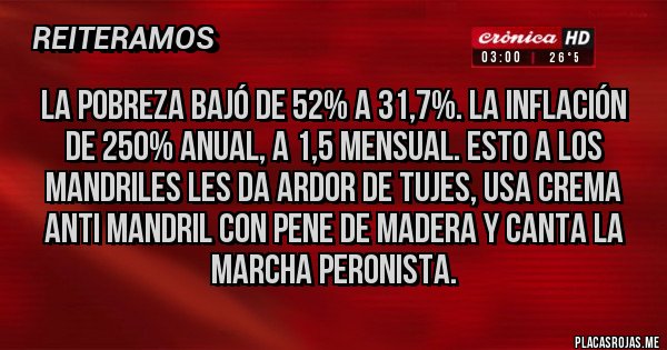 Placas Rojas - La pobreza bajó de 52% a 31,7%. La inflación de 250% anual, a 1,5 mensual. Esto a los mandriles les da ardor de tujes, usa crema anti mandril con pene de madera y canta la marcha peronista. Placas Rojas - La pobreza bajó de 52% a 31,7%. La inflación de 250% anual, a 1,5 mensual. Esto a los mandriles les da ardor de tujes, usa crema anti mandril con pene de madera y canta la marcha peronista.