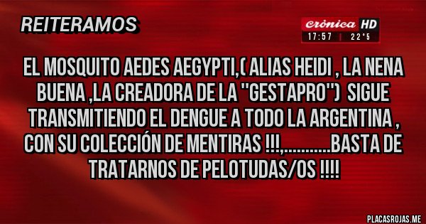 Placas Rojas - EL MOSQUITO AEDES AEGYPTI,( ALIAS HEIDI , LA NENA BUENA ,LA CREADORA DE LA ''GESTAPRO'')  SIGUE TRANSMITIENDO EL DENGUE A TODO LA ARGENTINA , CON SU COLECCIÓN DE MENTIRAS !!!,...........BASTA DE TRATARNOS DE PELOTUDAS/OS !!!!
