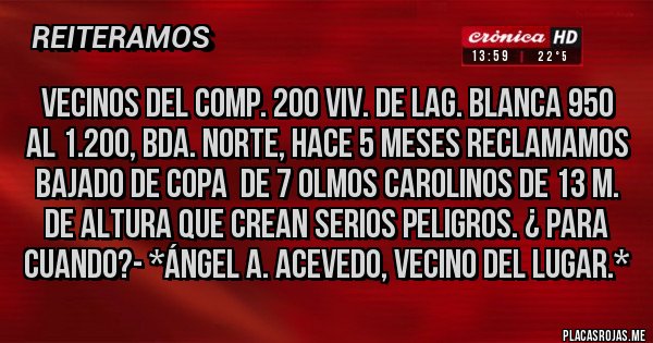 Placas Rojas - Vecinos del Comp. 200 Viv. de Lag. Blanca 950 al 1.200, Bda. Norte, hace 5 meses reclamamos Bajado de Copa  de 7 Olmos Carolinos de 13 m. de altura que crean serios peligros. ¿ Para cuando?- *Ángel A. Acevedo, Vecino del lugar.*