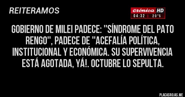 Placas Rojas - Gobierno de Milei padece: ''SÍNDROME DEL PATO RENGO'', PADECE DE ''ACEFALÍA POLÍTICA, INSTITUCIONAL Y ECONÓMICA. SU SUPERVIVENCIA ESTÁ AGOTADA, YÁ!. OCTUBRE LO SEPULTA.