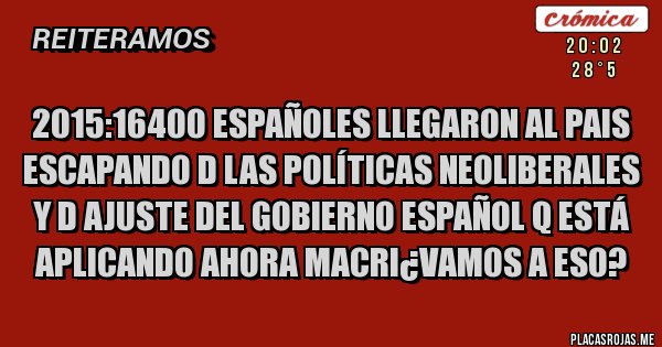 Placas Rojas - 2015:16400 españoles llegaron al pais escapando d las políticas neoliberales y d ajuste del gobierno español q está aplicando ahora macri¿vamos a eso?