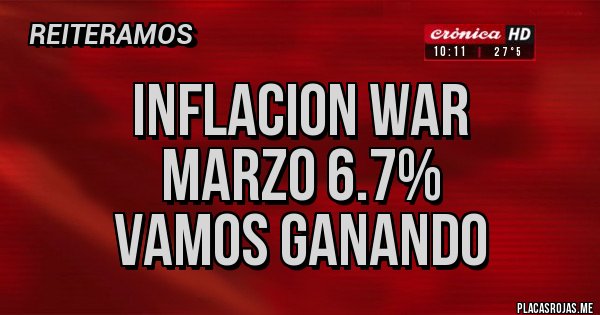 Placas Rojas - INFLACION WAR
MARZO 6.7%
VAMOS GANANDO Placas Rojas - INFLACION WAR
MARZO 6.7%
VAMOS GANANDO