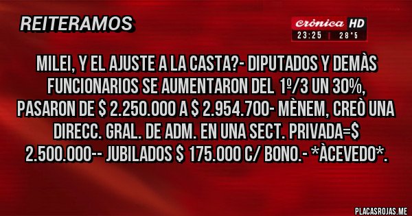 Placas Rojas - Milei, y el Ajuste a la CASTA?- Diputados y demàs Funcionarios se AUMENTARON DEL 1º/3 UN 30%, PASARON DE $ 2.250.000 A $ 2.954.700- Mènem, creò una Direcc. Gral. de Adm. en una Sect. Privada=$ 2.500.000-- Jubilados $ 175.000 c/ Bono.- *Àcevedo*. 