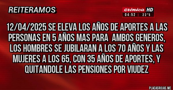 Placas Rojas - 12/04/2025 SE ELEVA LOS AÑOS DE APORTES A LAS PERSONAS EN 5 AÑOS MAS PARA  AMBOS GENEROS, LOS HOMBRES SE JUBILARAN A LOS 70 AÑOS Y LAS MUJERES A LOS 65, CON 35 AÑOS DE APORTES, Y QUITANDOLE LAS PENSIONES POR VIUDEZ
