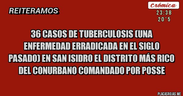 Placas Rojas -  36 CASOS DE TUBERCULOSIS (UNA ENFERMEDAD ERRADICADA EN EL SIGLO PASADO) EN SAN ISIDRO EL DISTRITO MÁS RICO DEL CONURBANO COMANDADO POR POSSE