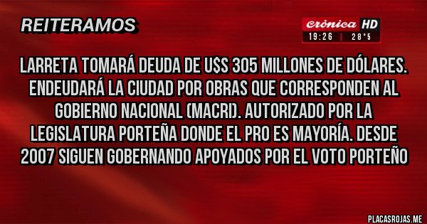 Placas Rojas - LARRETA TOMARÁ DEUDA DE U$S 305 MILLONES DE DÓLARES. ENDEUDARÁ LA CIUDAD POR OBRAS QUE CORRESPONDEN AL GOBIERNO NACIONAL (MACRI). AUTORIZADO POR LA LEGISLATURA PORTEÑA DONDE EL PRO ES MAYORÍA. DESDE 2007 SIGUEN GOBERNANDO APOYADOS POR EL VOTO PORTEÑO