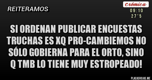 Placas Rojas - Si ordenan publicar encuestas truchas es xq PRO-Cambiemos no sólo Gobierna para el orto, sino q tmb lo tiene muy estropeado!