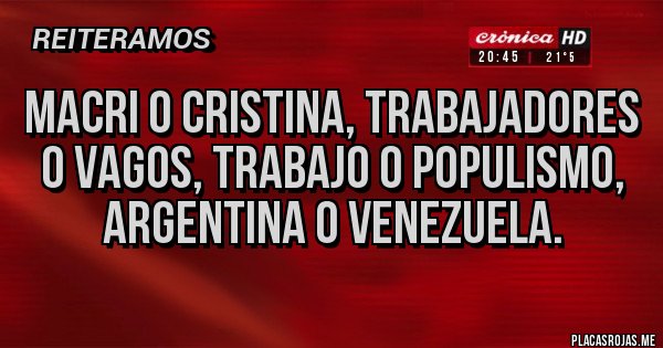 Placas Rojas - MACRI O CRISTINA, TRABAJADORES O VAGOS, TRABAJO O POPULISMO, ARGENTINA O VENEZUELA.