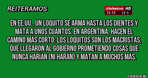Placas Rojas - En EE.UU., un loquito se arma hasta los dientes y mata a unos cuantos. En ARGENTINA, hacen el camino más corto: los loquitos son los macristas, que llegaron al gobierno prometiendo cosas que nunca harían (ni harán) y matan a muchos más. 
