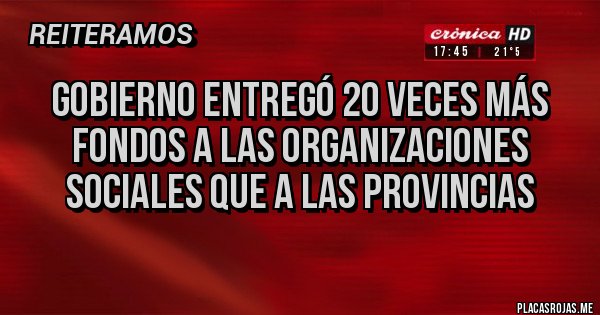 Placas Rojas - Gobierno entregó 20 veces más fondos a las organizaciones sociales que a las provincias
