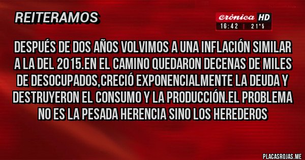 Placas Rojas - Después de dos años volvimos a una inflación similar a la del 2015.En el camino quedaron decenas de miles de desocupados,creció exponencialmente la deuda y destruyeron el consumo y la producción.El problema no es la pesada herencia sino los herederos
