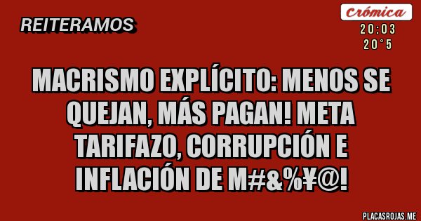 Placas Rojas - Macrismo explícito: menos se quejan, más pagan! Meta tarifazo, corrupción e inflación de M#&%¥@!