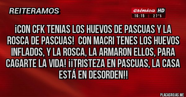 Placas Rojas - ¡CON CFK TENIAS LOS HUEVOS DE PASCUAS Y LA ROSCA DE PASCUAS!  CON MACRI TENES LOS HUEVOS INFLADOS, Y LA ROSCA, LA ARMARON ELLOS, PARA CAGARTE LA VIDA! ¡¡TRISTEZA EN PASCUAS, LA CASA ESTÁ EN DESORDEN!!