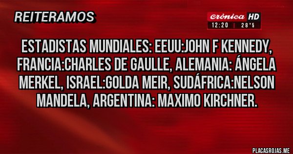 Placas Rojas - Estadistas mundiales: EEUU:john f kennedy, Francia:Charles de gaulle, Alemania: Ángela merkel, Israel:golda meir, Sudáfrica:Nelson Mandela, argentina: maximo Kirchner. Placas Rojas - Estadistas mundiales: EEUU:john f kennedy, Francia:Charles de gaulle, Alemania: Ángela merkel, Israel:golda meir, Sudáfrica:Nelson Mandela, argentina: maximo Kirchner.