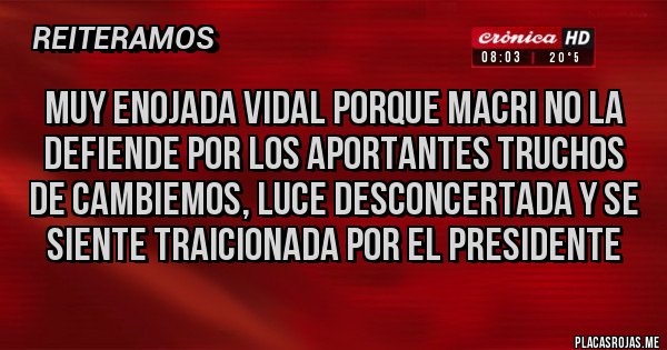 Placas Rojas - Muy enojada Vidal porque Macri no la defiende por los aportantes truchos de Cambiemos, luce desconcertada y se siente traicionada por el Presidente