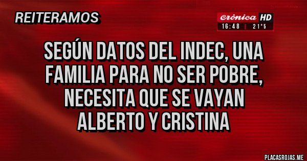 Placas Rojas - SEGÚN DATOS DEL INDEC, UNA
FAMILIA PARA NO SER POBRE,
NECESITA QUE SE VAYAN
ALBERTO Y CRISTINA Placas Rojas - SEGÚN DATOS DEL INDEC, UNA
FAMILIA PARA NO SER POBRE,
NECESITA QUE SE VAYAN
ALBERTO Y CRISTINA