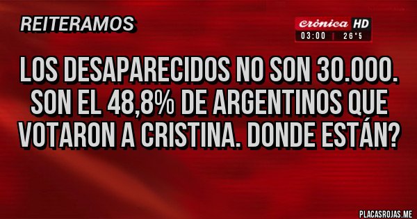Placas Rojas - Los desaparecidos no son 30.000. Son el 48,8% de argentinos que votaron a Cristina. Donde están?