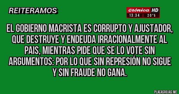Placas Rojas - El gobierno macrista es corrupto y ajustador, que destruye y endeuda irracionalmente al pais, mientras pide que se lo vote sin argumentos: por lo que sin represión no sigue y sin fraude no gana. 