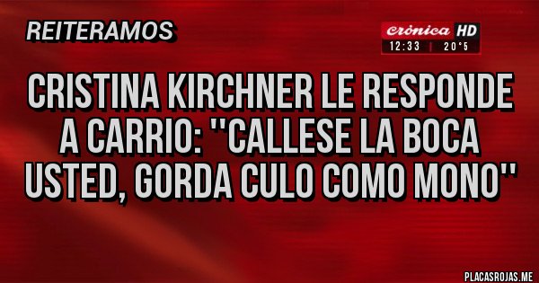 Placas Rojas - Cristina kirchner le responde a carrio: ''callese la boca usted, gorda culo como mono'' 