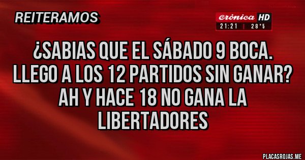 Placas Rojas - ¿SABIAS QUE EL SÁBADO 9 BOCA.        LLEGO A LOS 12 PARTIDOS SIN GANAR?
AH Y HACE 18 NO GANA LA LIBERTADORES