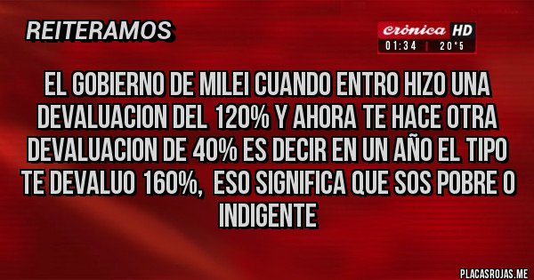 Placas Rojas - EL GOBIERNO DE MILEI CUANDO ENTRO HIZO UNA DEVALUACION DEL 120% Y AHORA TE HACE OTRA DEVALUACION DE 40% ES DECIR EN UN AÑO EL TIPO TE DEVALUO 160%,  ESO SIGNIFICA QUE SOS POBRE O INDIGENTE