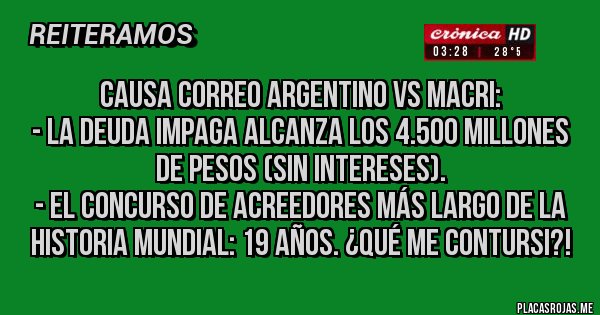 Placas Rojas - Causa Correo Argentino VS Macri:
- La deuda impaga alcanza los 4.500 millones de pesos (Sin intereses).
- El concurso de acreedores más largo de la historia mundial: 19 años. ¿Qué me contursi?!
