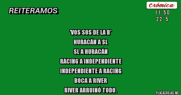 Placas Rojas - 'Vos sos de la B'
Huracán a SL 
SL a Huracán 
Racing a Independiente 
Independiente a Racing 
Boca a River
River arruinó todo.