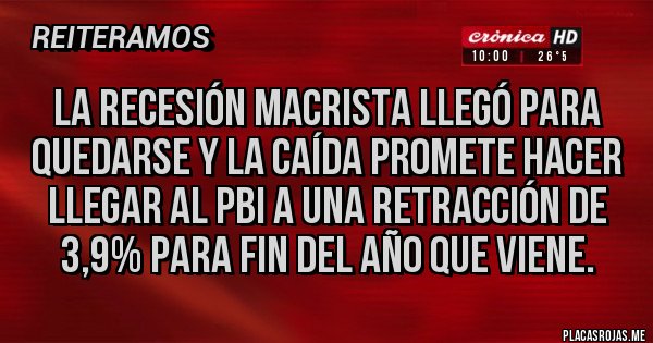 Placas Rojas - La recesión macrista llegó para quedarse y la caída promete hacer llegar al PBI a una retracción de 3,9% para fin del año que viene.