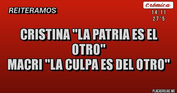 Placas Rojas - CRISTINA ''LA PATRIA ES EL OTRO''
MACRI ''LA CULPA ES DEL OTRO''