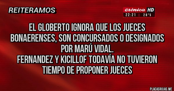Placas Rojas - El globerto ignora que los jueces bonaerenses, son concursados o designados por Marú Vidal. 
Fernandez y Kicillof todavía no tuvieron tiempo de proponer jueces
