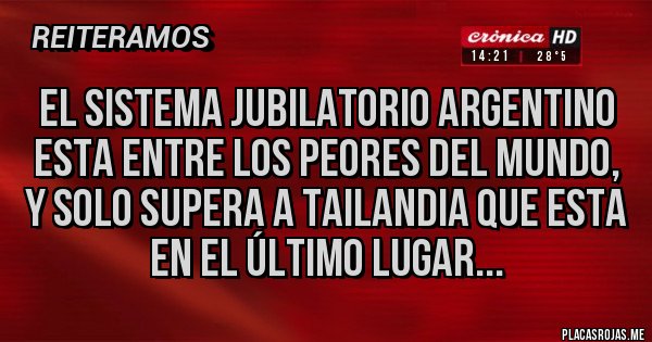 Placas Rojas - El sistema Jubilatorio Argentino esta entre los peores del mundo, y solo supera a Tailandia que esta en el último lugar...