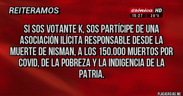 Placas Rojas - Si SOS votante k, sos partícipe de una asociación ilícita responsable desde la muerte de Nisman, a los 150.000 muertos por COVID, de la pobreza y la indigencia de la patria.