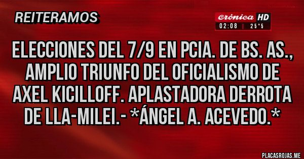Placas Rojas - Elecciones del 7/9 en Pcia. de Bs. As.,  Amplio Triunfo del Oficialismo de Axel Kicilloff. Aplastadora Derrota de LLA-MILEI.- *Ángel A. Acevedo.*