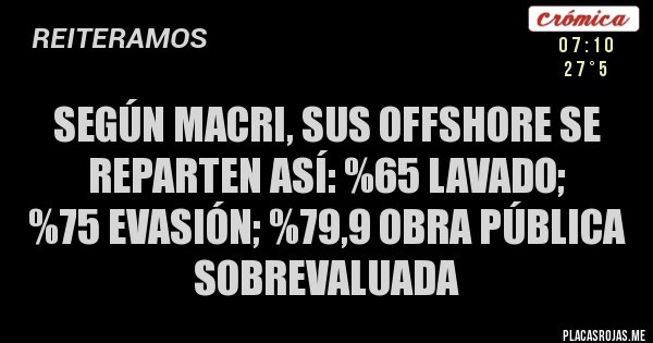 Placas Rojas - SEGÚN MACRI, SUS OFFSHORE SE REPARTEN ASÍ: %65 LAVADO;
%75 EVASIÓN; %79,9 OBRA PÚBLICA SOBREVALUADA