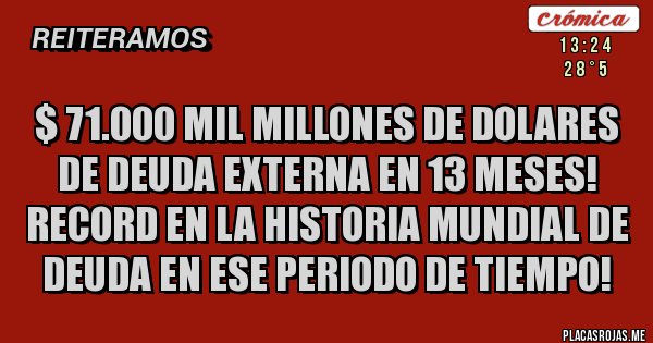 Placas Rojas - $ 71.000 mil millones de dolares de deuda externa en 13 meses! Record en la historia mundial de deuda en ese periodo de tiempo!