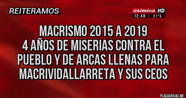Placas Rojas - Macrismo 2015 a 2019
4 años de miserias contra el pueblo y de arcas llenas para MacriVidalLarreta y sus CEOS