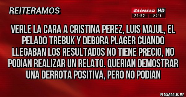 Placas Rojas - VERLE LA CARA A CRISTINA PEREZ, LUIS MAJUL, EL PELADO TREBUK Y DEBORA PLAGER CUANDO LLEGABAN LOS RESULTADOS NO TIENE PRECIO, NO PODIAN REALIZAR UN RELATO. QUERIAN DEMOSTRAR UNA DERROTA POSITIVA, PERO NO PODIAN Placas Rojas - VERLE LA CARA A CRISTINA PEREZ, LUIS MAJUL, EL PELADO TREBUK Y DEBORA PLAGER CUANDO LLEGABAN LOS RESULTADOS NO TIENE PRECIO, NO PODIAN REALIZAR UN RELATO. QUERIAN DEMOSTRAR UNA DERROTA POSITIVA, PERO NO PODIAN