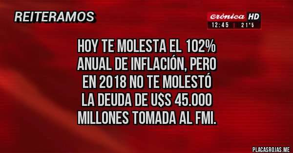 Placas Rojas - HOY Te molesta el 102% 
anual de inflación, pero 
EN 2018 no te molestó 
la deuda de u$s 45.000
millones tomada al FMI. 