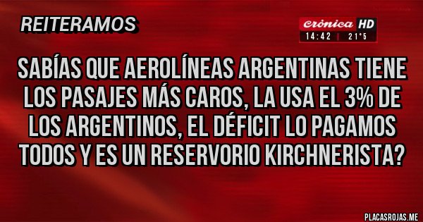 Placas Rojas - Sabías que aerolíneas argentinas tiene los pasajes más caros, la usa el 3% de los argentinos, el déficit lo pagamos todos y es un reservorio kirchnerista? Placas Rojas - Sabías que aerolíneas argentinas tiene los pasajes más caros, la usa el 3% de los argentinos, el déficit lo pagamos todos y es un reservorio kirchnerista?
