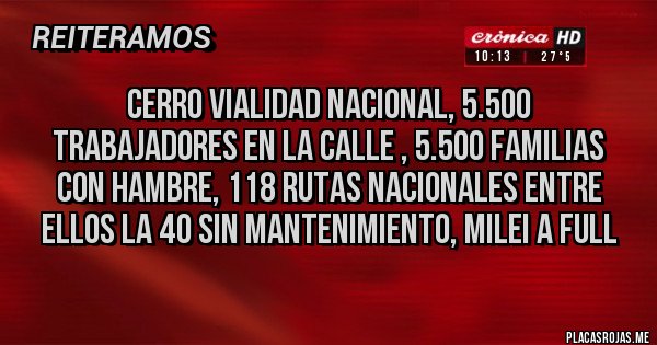 Placas Rojas - CERRO VIALIDAD NACIONAL, 5.500 TRABAJADORES EN LA CALLE , 5.500 FAMILIAS CON HAMBRE, 118 RUTAS NACIONALES ENTRE ELLOS LA 40 SIN MANTENIMIENTO, MILEI A FULL