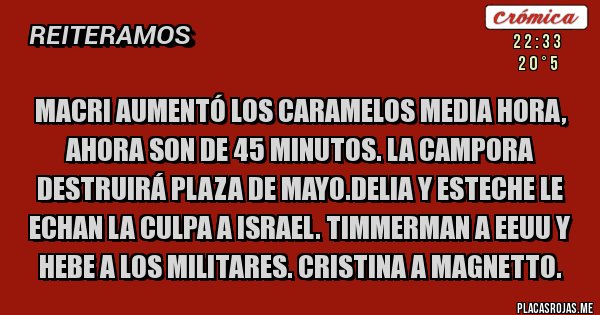 Placas Rojas - MACRI AUMENTÓ LOS CARAMELOS MEDIA HORA, AHORA SON DE 45 MINUTOS. LA CAMPORA DESTRUIRÁ PLAZA DE MAYO.DELIA Y ESTECHE LE ECHAN LA CULPA A ISRAEL. TIMMERMAN A EEUU Y HEBE A LOS MILITARES. CRISTINA A MAGNETTO.