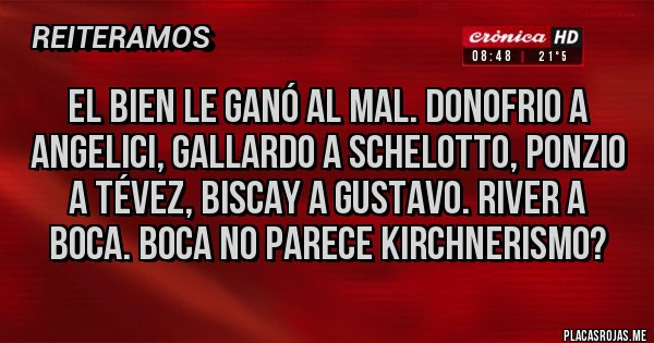 Placas Rojas - EL BIEN LE GANÓ AL MAL. DONOFRIO A ANGELICI, GALLARDO A SCHELOTTO, PONZIO A TÉVEZ, BISCAY A GUSTAVO. RIVER A BOCA. BOCA NO PARECE KIRCHNERISMO? Placas Rojas - EL BIEN LE GANÓ AL MAL. DONOFRIO A ANGELICI, GALLARDO A SCHELOTTO, PONZIO A TÉVEZ, BISCAY A GUSTAVO. RIVER A BOCA. BOCA NO PARECE KIRCHNERISMO?
