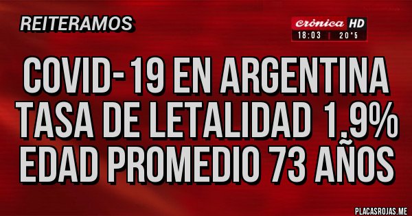 Placas Rojas - COVID-19 en Argentina
Tasa de LETALIDAD 1,9%
Edad PROMEDIO 73 años