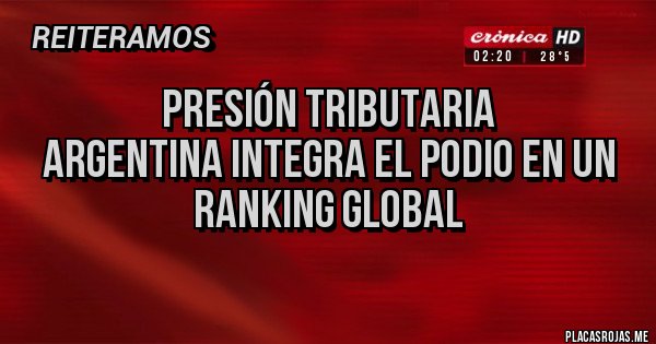 Placas Rojas - Presión tributaria
Argentina integra el podio en un ranking global
